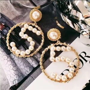Dior Gold and White Pearl Hoop Earrings